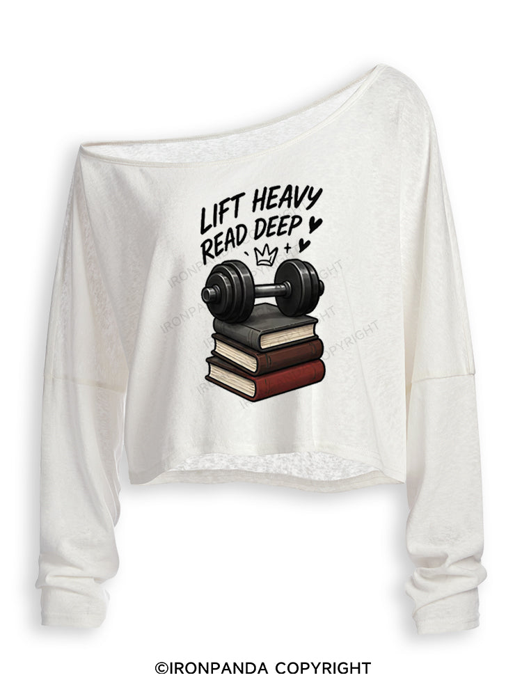 LIFT HEAVY READ DEEP Off Shoulder Long Sleeve Crop Top