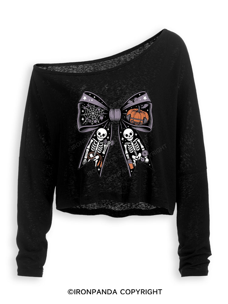 HALLOWEEN BOW SKELETON WORKOUT Off Shoulder Long Sleeve Crop Top