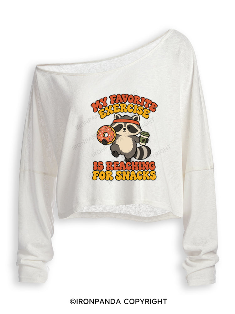 My Favorite Exercise Is Reaching for Snacks Funny Raccoon Off Shoulder Long Sleeve Crop Top