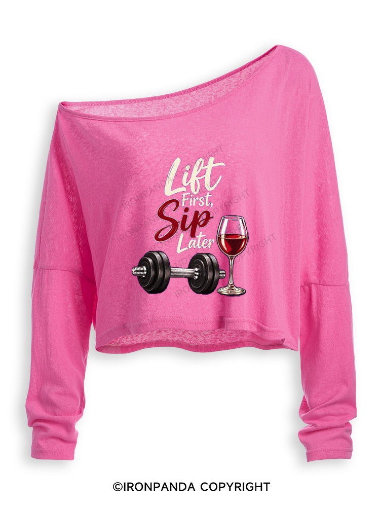 Lift First Sip Later Off Shoulder Long Sleeve Crop Top