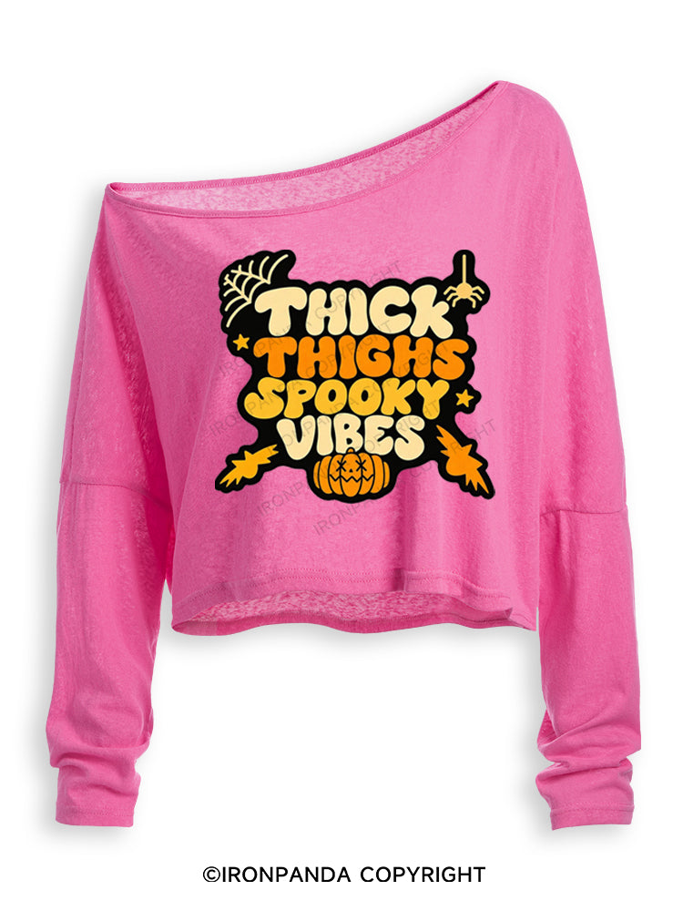 THICK THIGHS SPOOKY VIBES PUMPKIN HALLOWEEN Off Shoulder Long Sleeve Crop Top