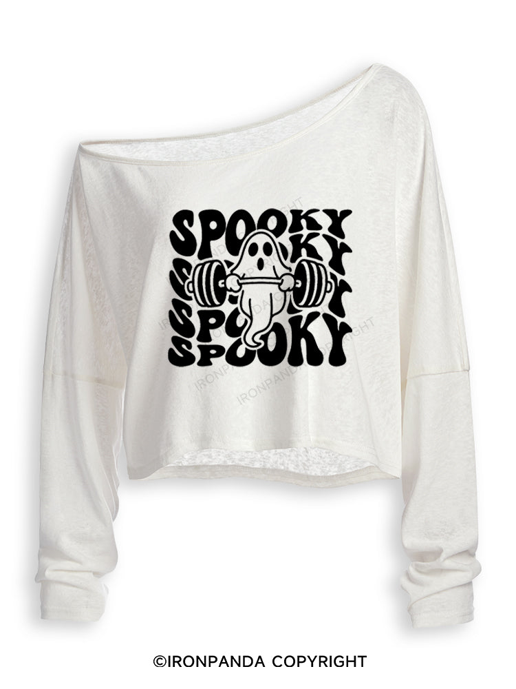 SPOOKY SPOOKY CUTE WEIGHTLIFTING GHOST Off Shoulder Long Sleeve Crop Top