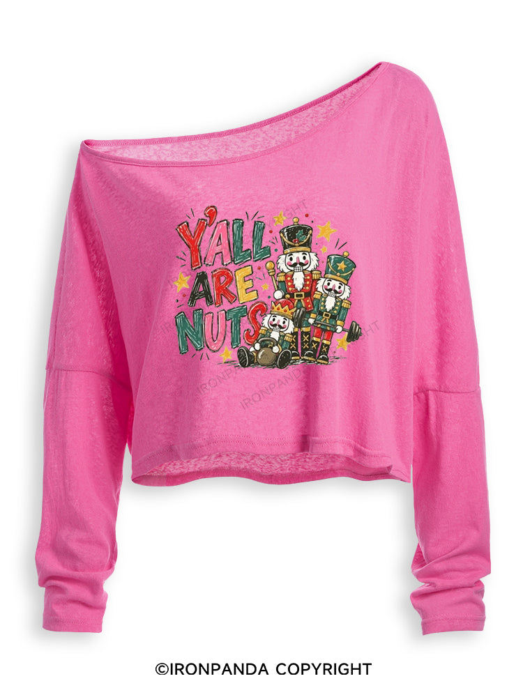 Y'ALL ARE NUTS Off Shoulder Long Sleeve Crop Top