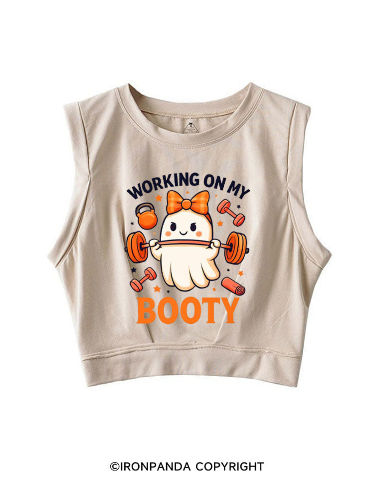 WORKING ON MY BOOTY FUNNY GHOST HALLOWEEN SLEEVELESS CROP TOPS