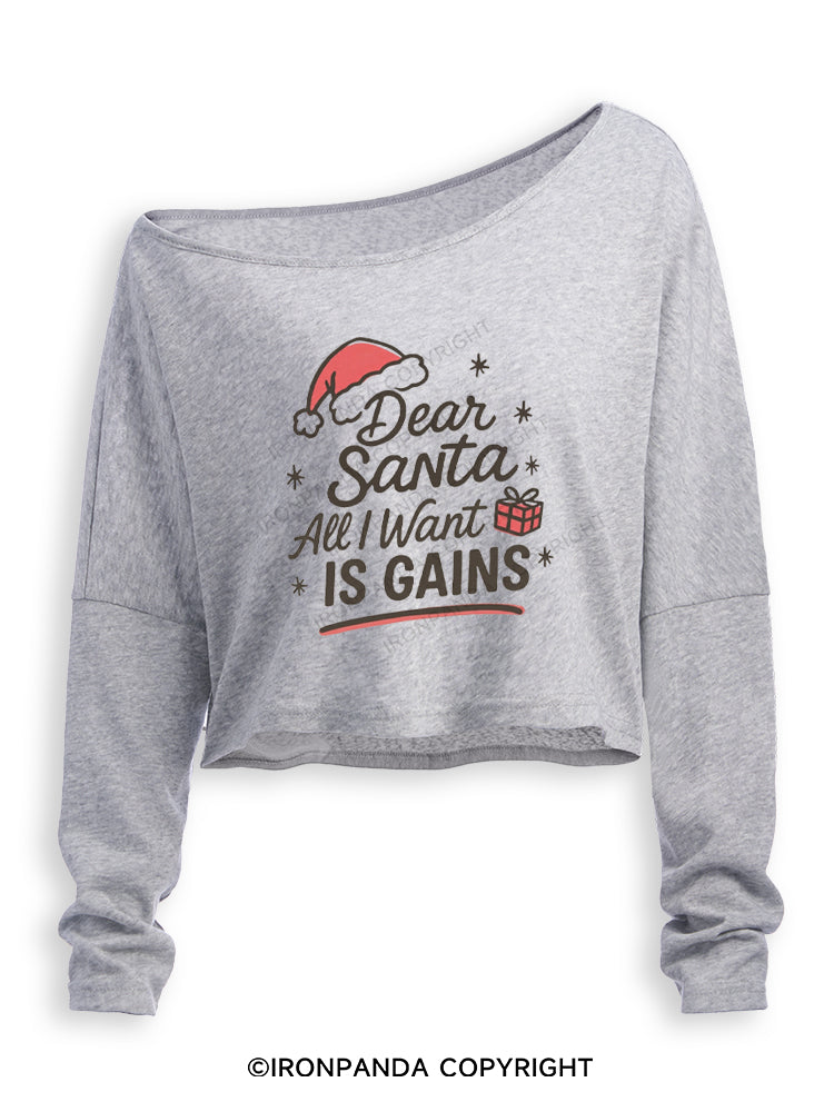 DEAR SANTA ALL I WANT IS GAINS Off Shoulder Long Sleeve Crop Top