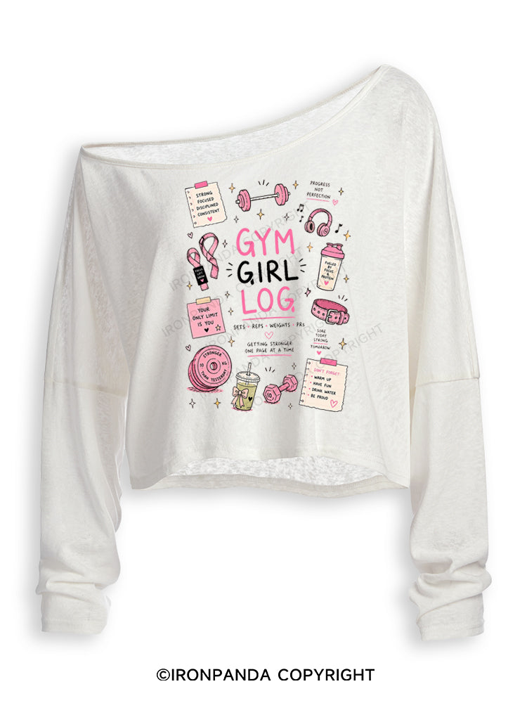 GYM GIRL LOG SETS REPS WEIGHTS PRS Off Shoulder Long Sleeve Crop Top