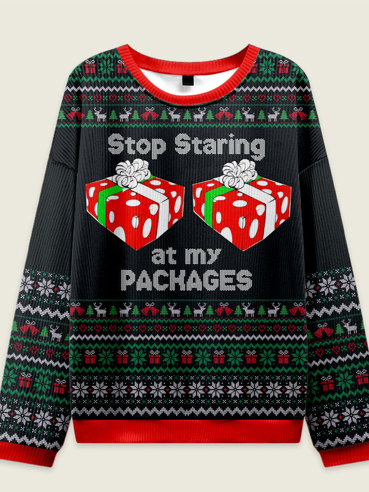 IRONPANDA STOP STARING AT MY PACHAGES theme Ugly Sweater