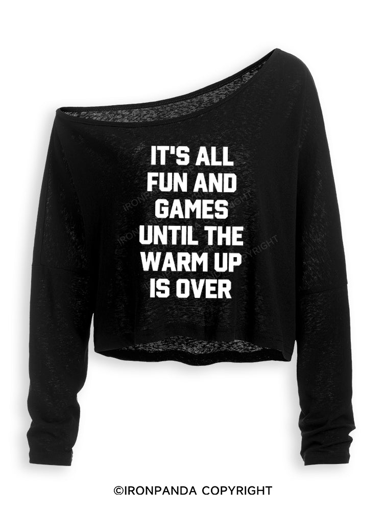 It's All Fun and Games Until the Warm Up is Over Off Shoulder Long Sleeve Crop Top