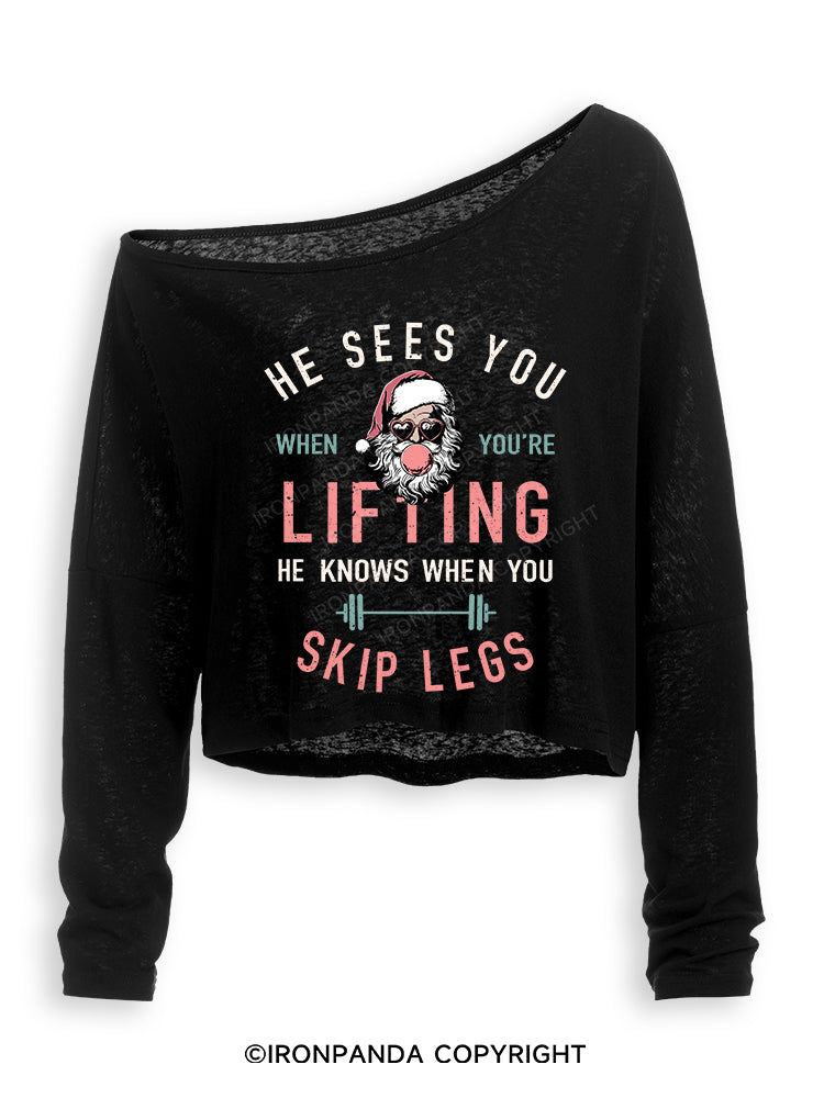 HE SEES YOU WHEN YOU'RE LIFTING Off Shoulder Long Sleeve Crop Top