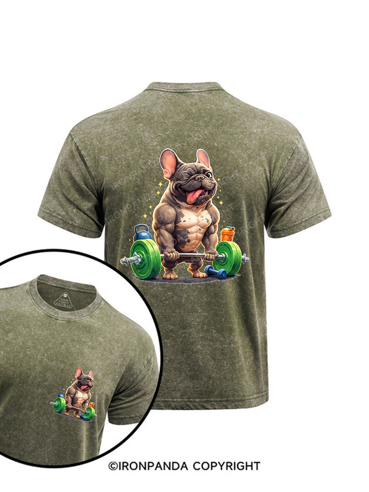 Funny French Bulldog Bodybuilding Printed Washed Gym Shirt