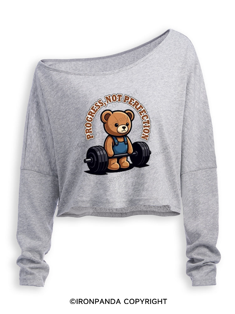 PROGRESS NOT PERFECTION CUTE BEAR DEADLIFT Off Shoulder Long Sleeve Crop Top