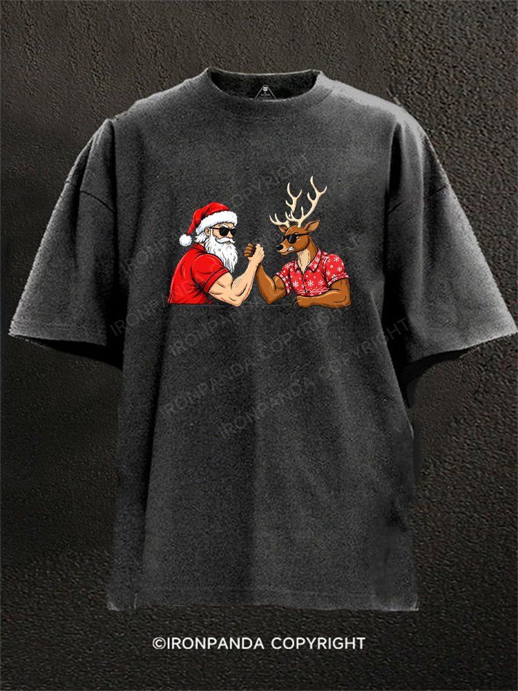 Santa Claus Vs Reindeer Funny Christmas Washed Gym Shirt