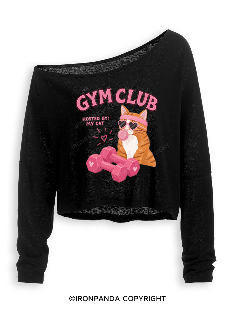 GYM CLUB HOSTED BY MY CAT Off Shoulder Long Sleeve Crop Top