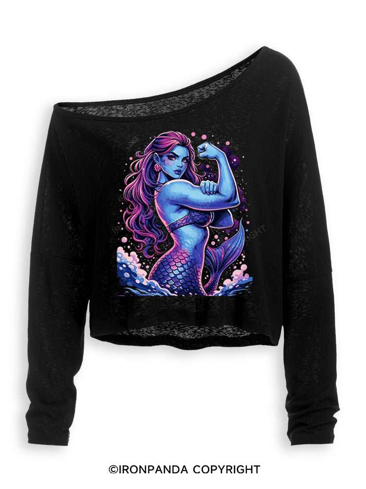 STRONG MERMAID SHOWS OFF BICEPS Off Shoulder Long Sleeve Crop Top