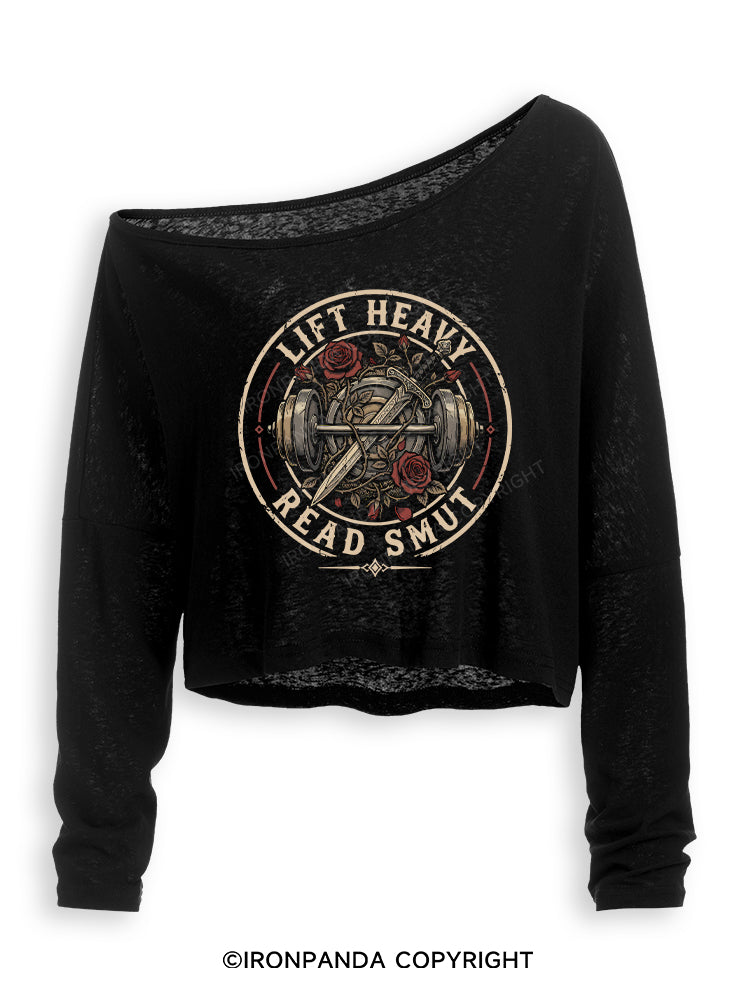 LIFT HEAVY READ SMUT BOOK GYM LOVER Off Shoulder Long Sleeve Crop Top