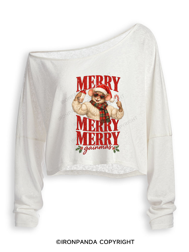 Merry Merry Merry Gainmas Off Shoulder Long Sleeve Crop Top