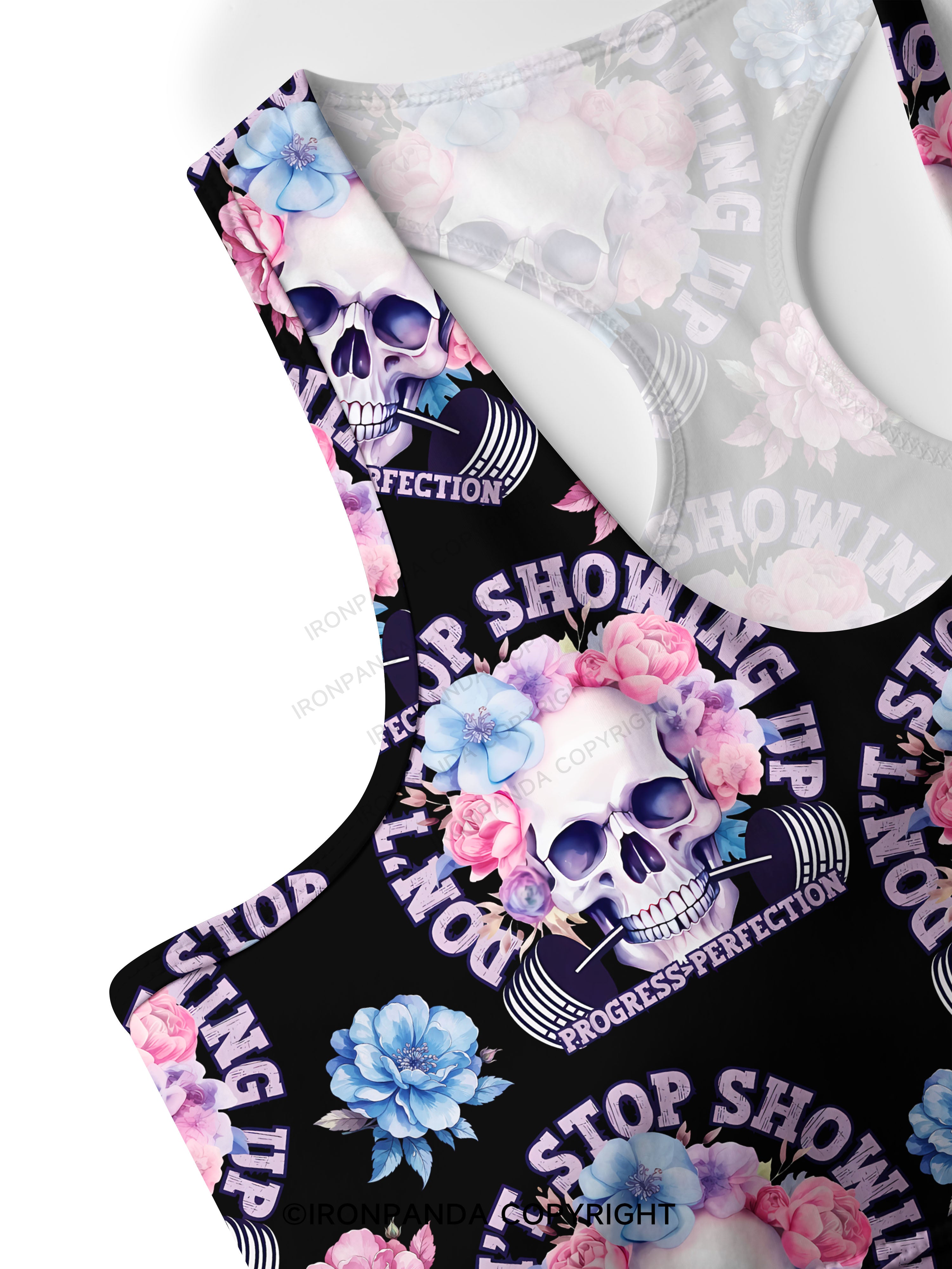 DON’T STOP SHOWING UP PROGRESS-PERFECTION Racerback Sports Bra