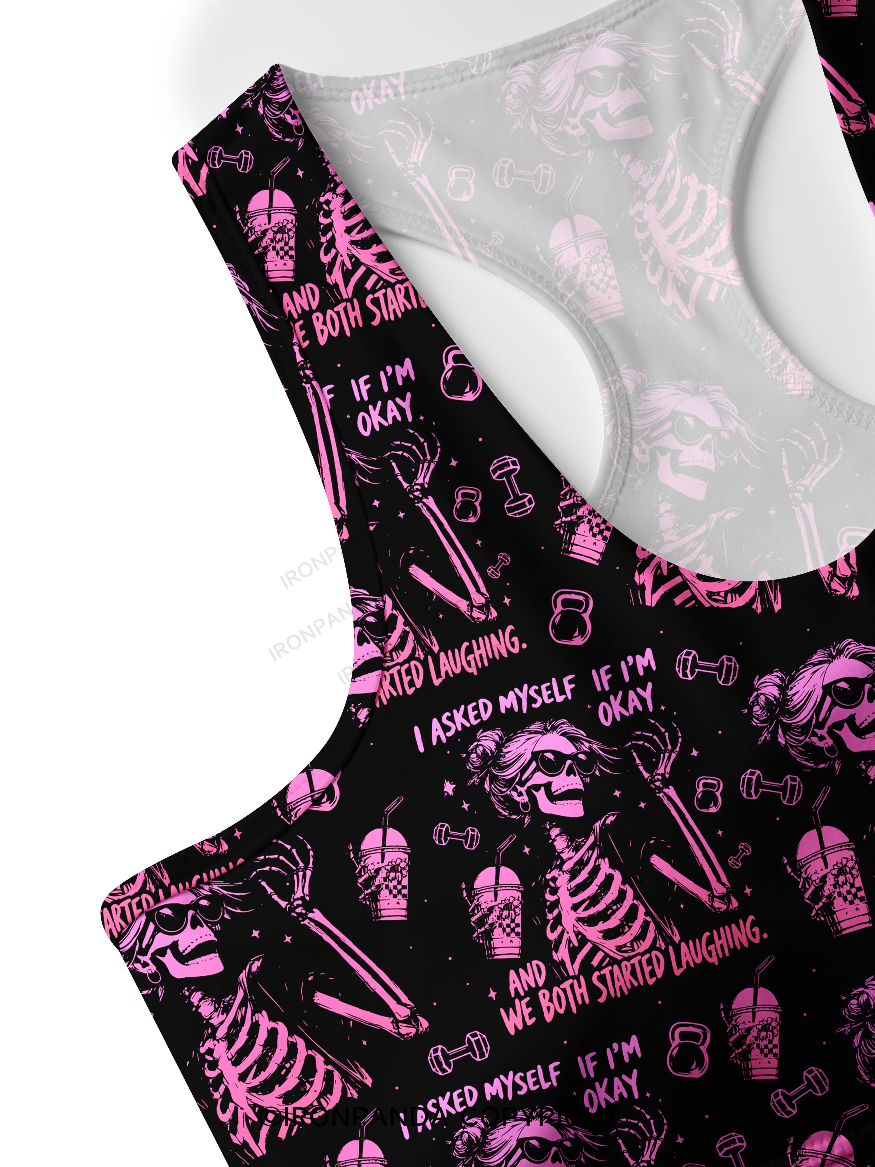 I ASKED MYSELF IF I'M OKAY AND WE BOTH STARTED LAUGHING Racerback Sports Bra