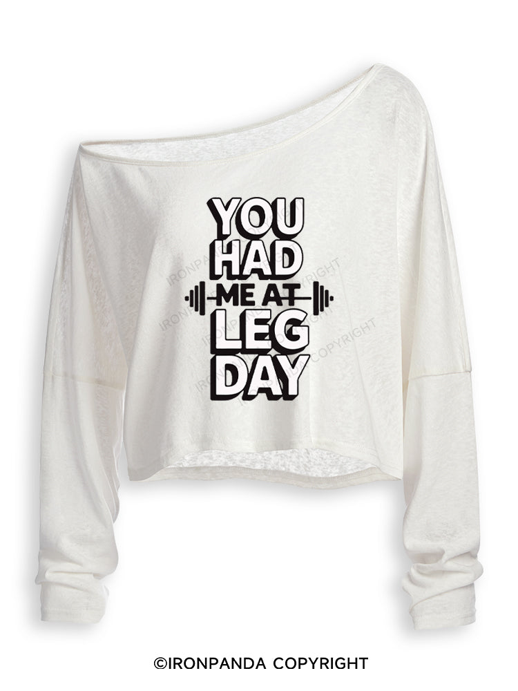 YOU HAD ME AT LEG DAY Off Shoulder Long Sleeve Crop Top