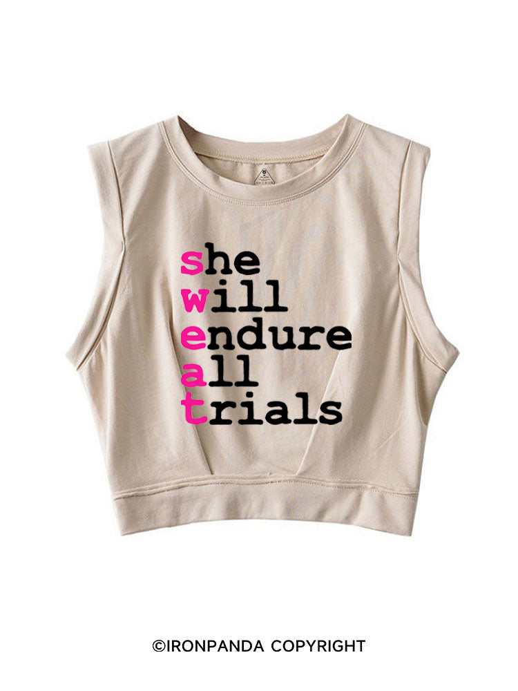 SWEAT She Will Endure All Trials SLEEVELESS CROP TOPS