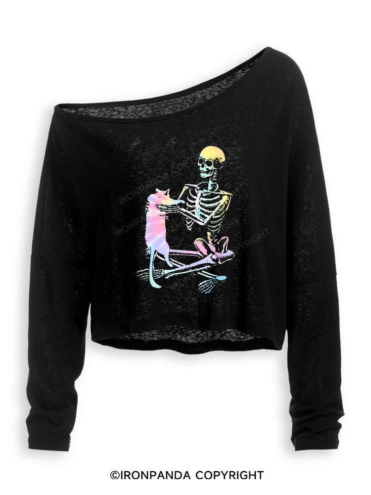 LIFT HEAVY. PET CATS Off Shoulder Long Sleeve Crop Top