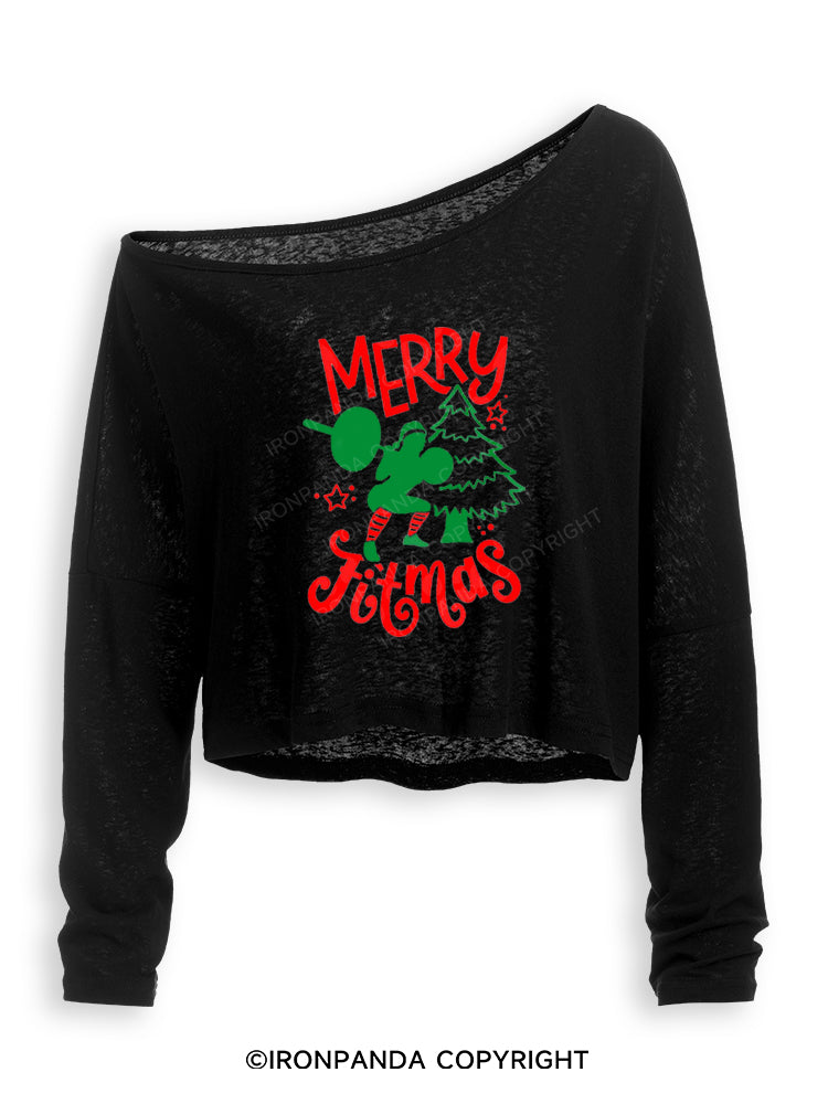 MERRY FITMAS FUNNY STRONG CHRISTMAS Off Shoulder Long Sleeve Crop Top