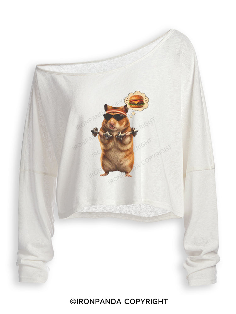 Gym Hamburger Hamster Off Shoulder Long Sleeve Crop Top