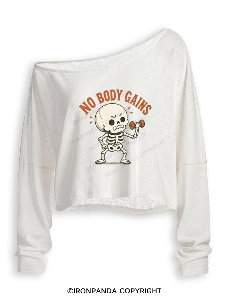 NO BODY GAINS SKELETON Off Shoulder Long Sleeve Crop Top