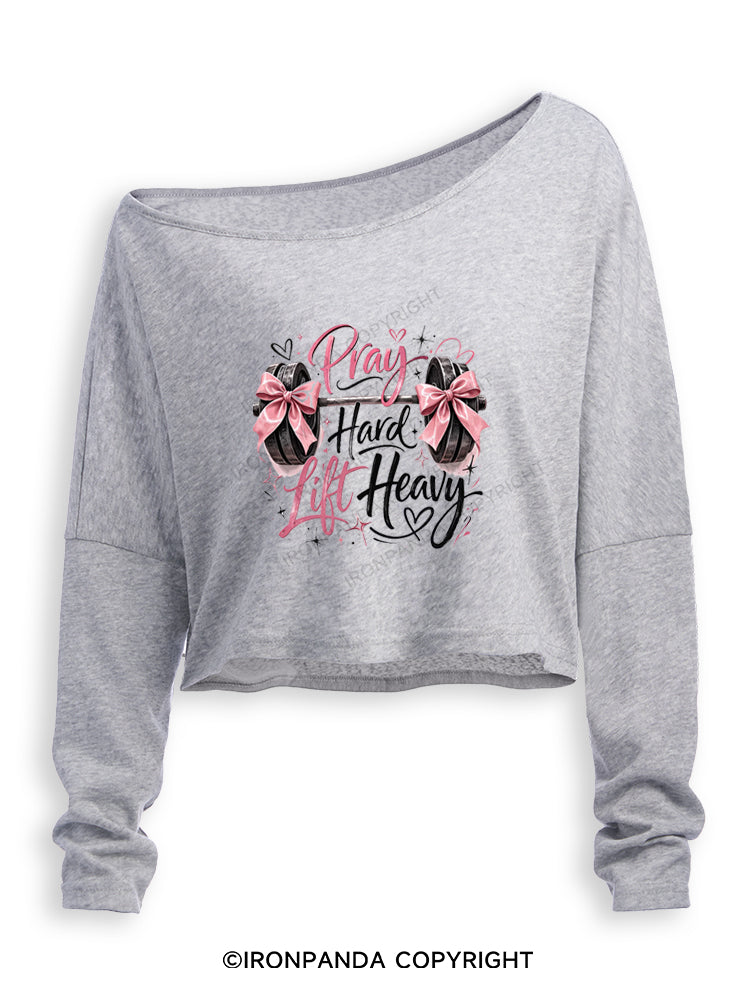 PRAY HARD LIFT HEAVY CHRISTIAN FITNESS Off Shoulder Long Sleeve Crop Top