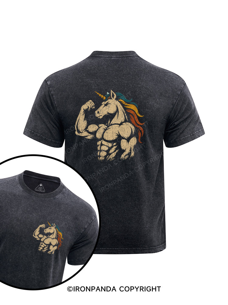 Retro Muscular Unicorn Power Fantasy Printed Washed Gym Shirt