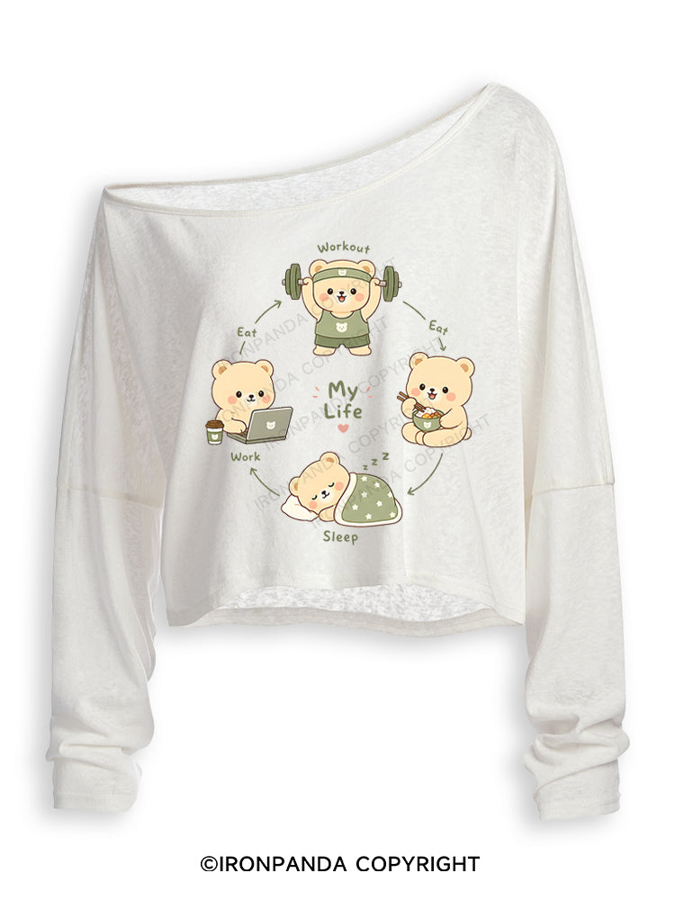 MY LIFE CUTE BEAR GYM Off Shoulder Long Sleeve Crop Top