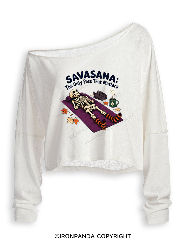 SAVASAVA THE ONLY POSE THAT MATTERS HALLOWEEN SKELETON Off Shoulder Long Sleeve Crop Top