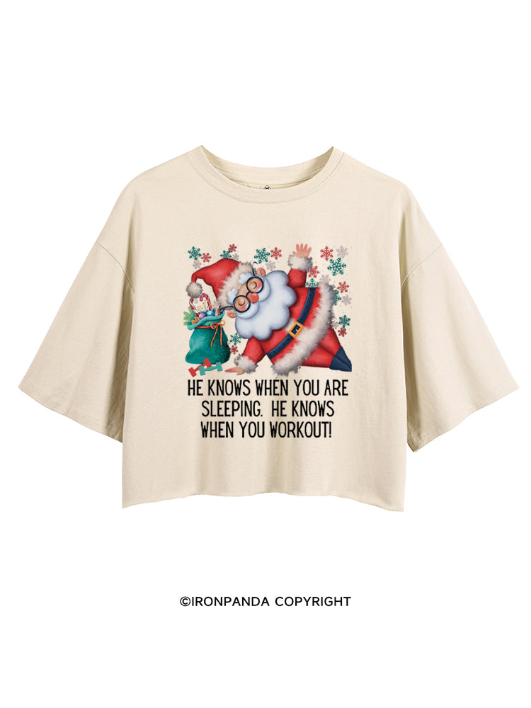Funny Christmas Santa Knows When You Workout CROP TOPS