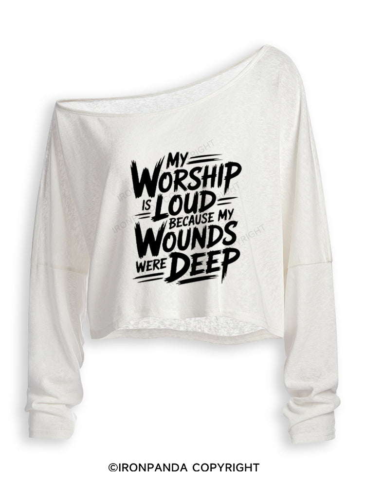 MY WORSHIP IS LOUD BECAUSE MY WOUNDS WERE DEEP Off Shoulder Long Sleeve Crop Top