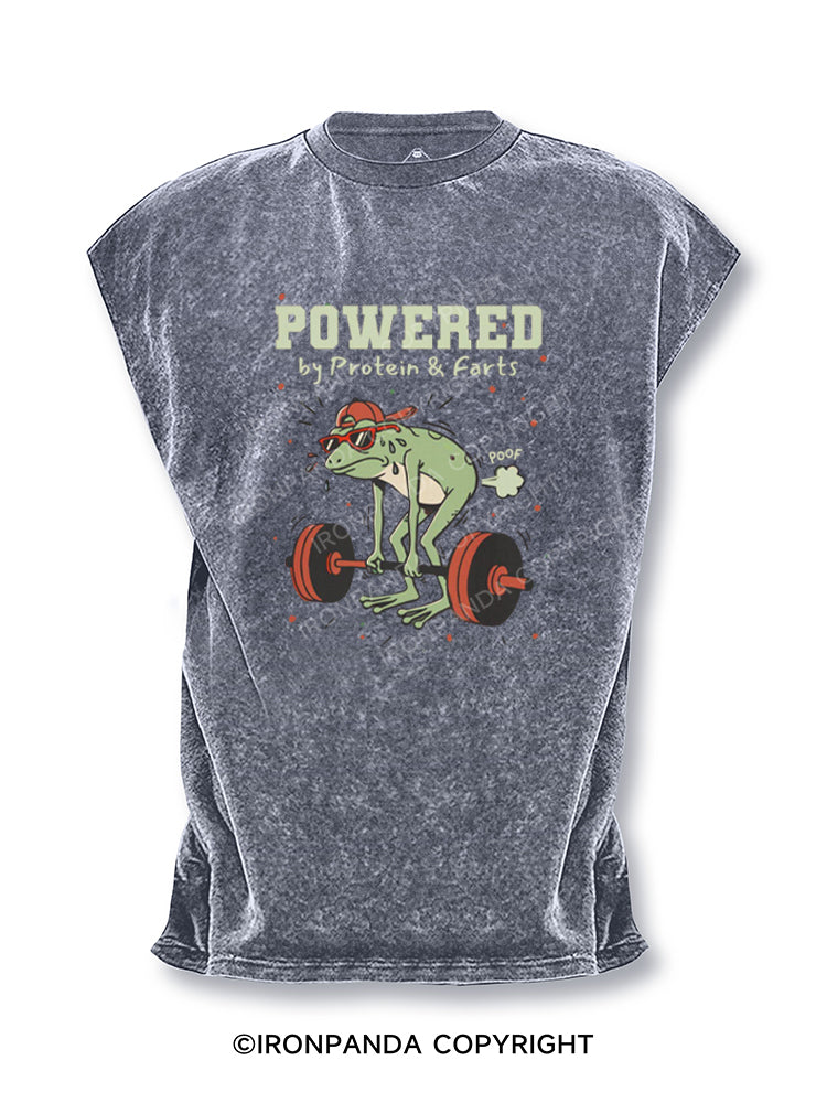 Funny Gym Frog Powered by Protein and Farts Cut Off Tank