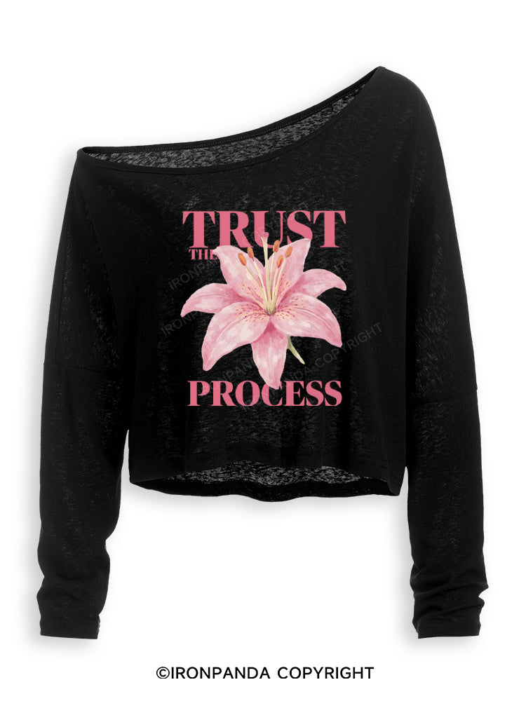 TRUST THE PROCESS Off Shoulder Long Sleeve Crop Top