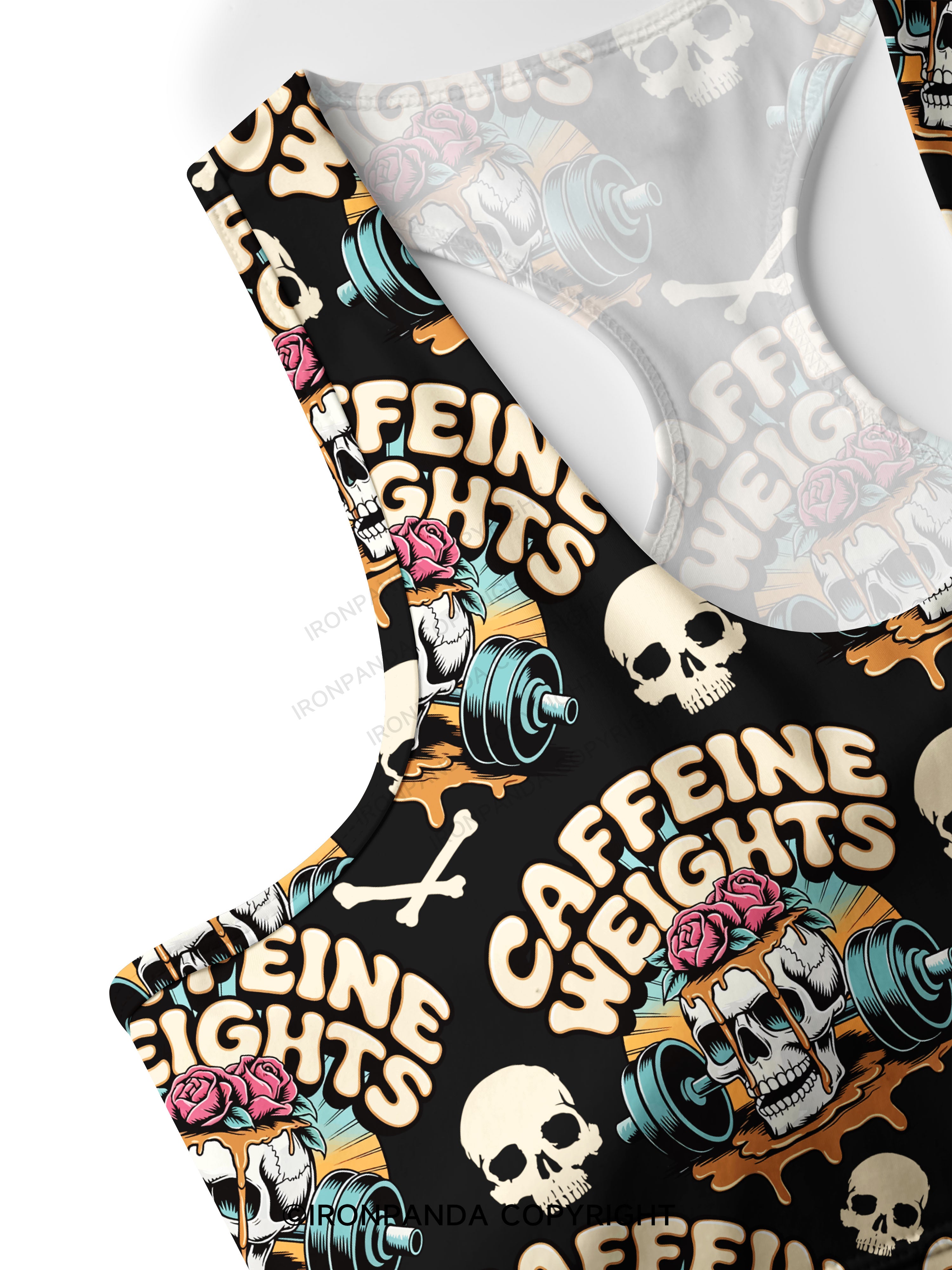 Caffeine weights skeleton Racerback Sports Bra