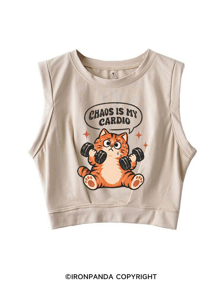 CHAOS IS MY CARDIO GYM KITTY SLEEVELESS CROP TOPS