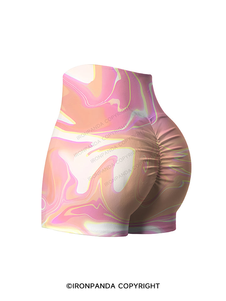 Peach Iridescent Swirl Printed Yoga Shorts