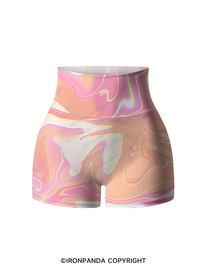Peach Iridescent Swirl Printed Yoga Shorts