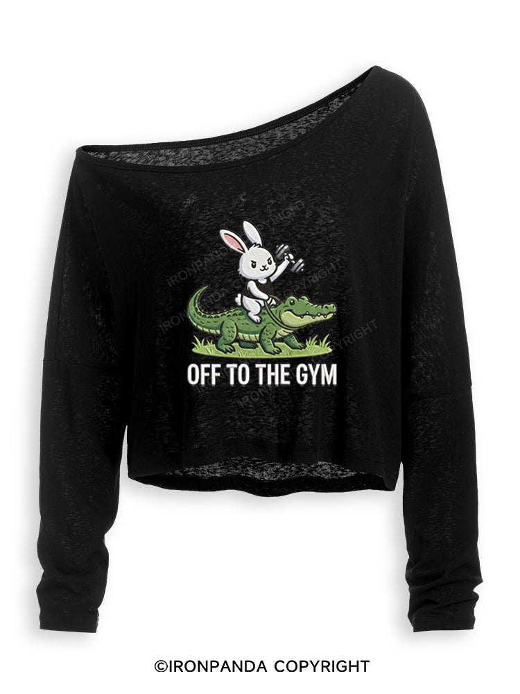 OFF TO THE GYM BUNNY RIDING AN ALLIGATOR Off Shoulder Long Sleeve Crop Top