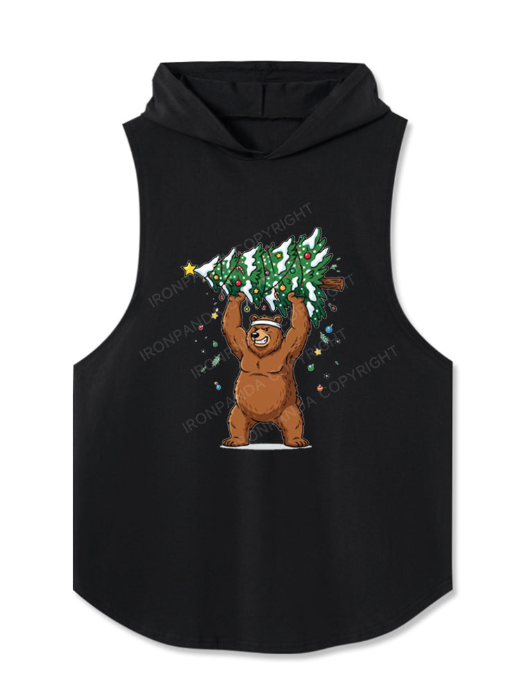 Strong Grizzly Bear Lifting Christmas Tree Hooded Tank