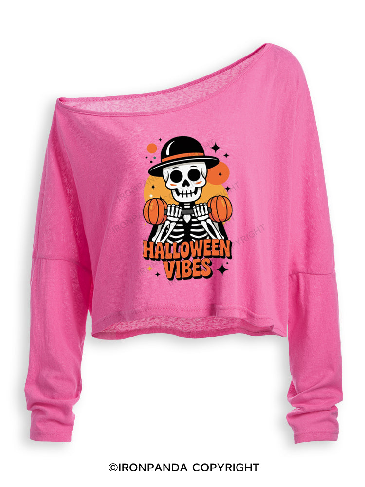 HALLOWEEN VIBES STRONG MIND Off Shoulder Long Sleeve Crop Top