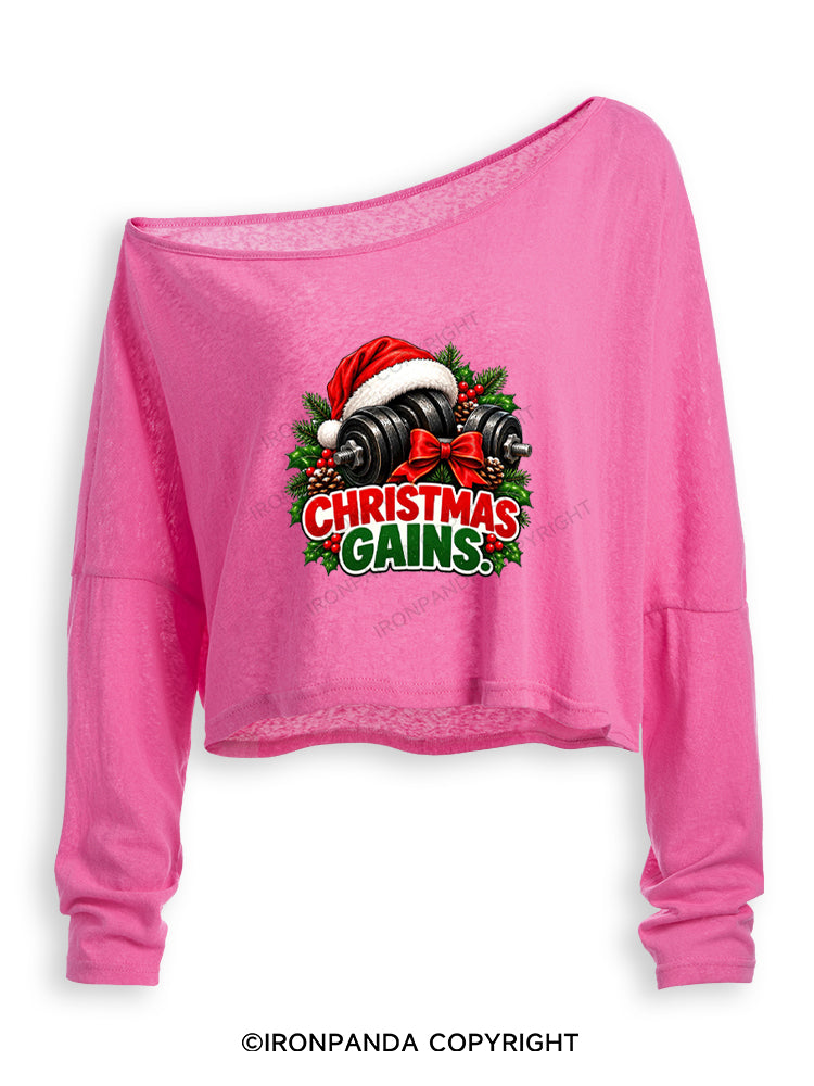 CHRISTMAS GAINS MERRY LIFTMAS Off Shoulder Long Sleeve Crop Top