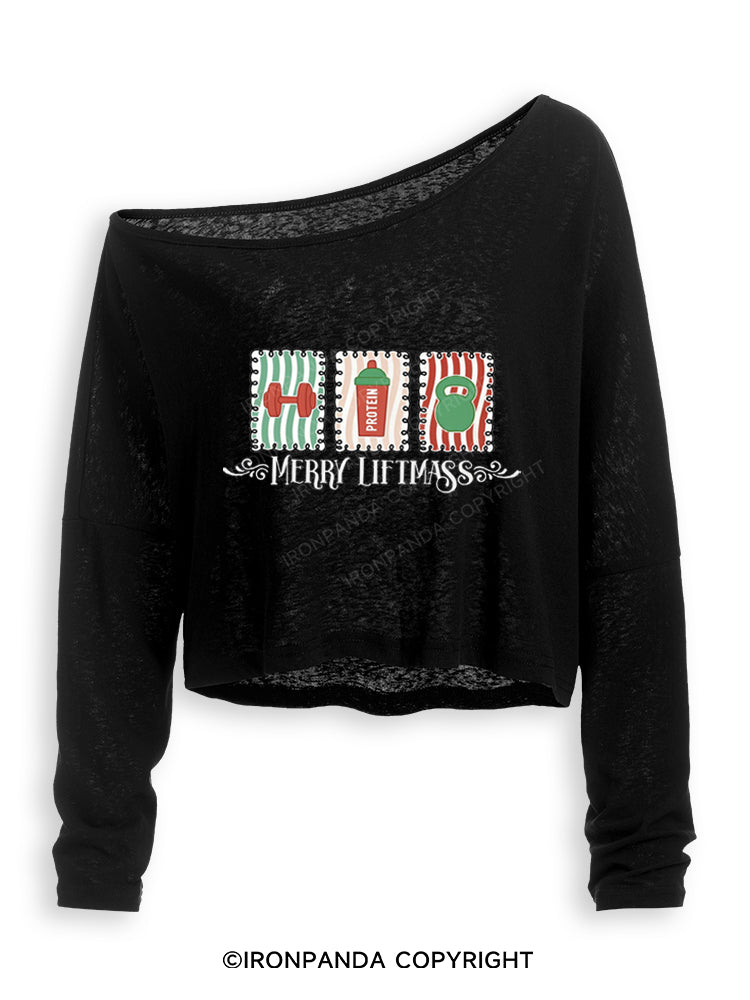 MERRY LIFTMASS CHRISTMAS WORKOUT Off Shoulder Long Sleeve Crop Top