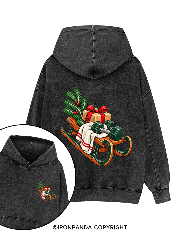 CHRISTMAS DUMBBELLS AND FESTIVE SLEIGH Printed Washed Gym Hoodie