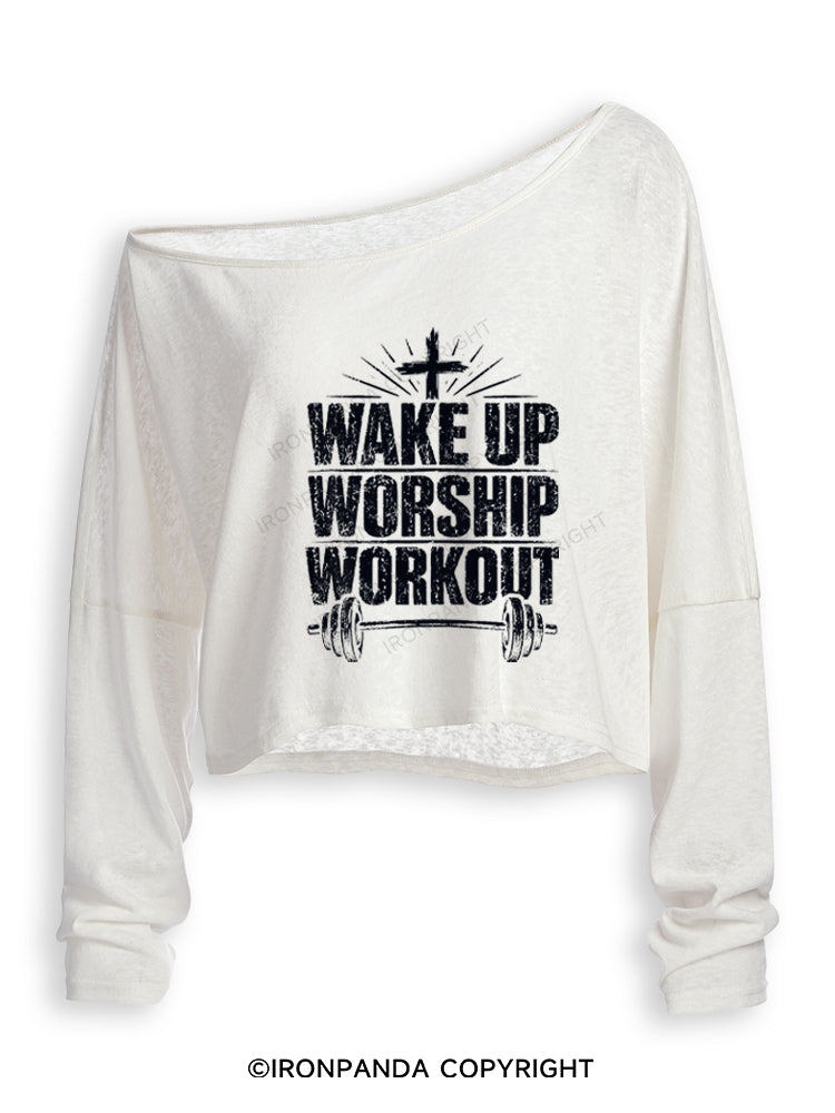 Wake Up Worship Workout Christian Workout Off Shoulder Long Sleeve Crop Top