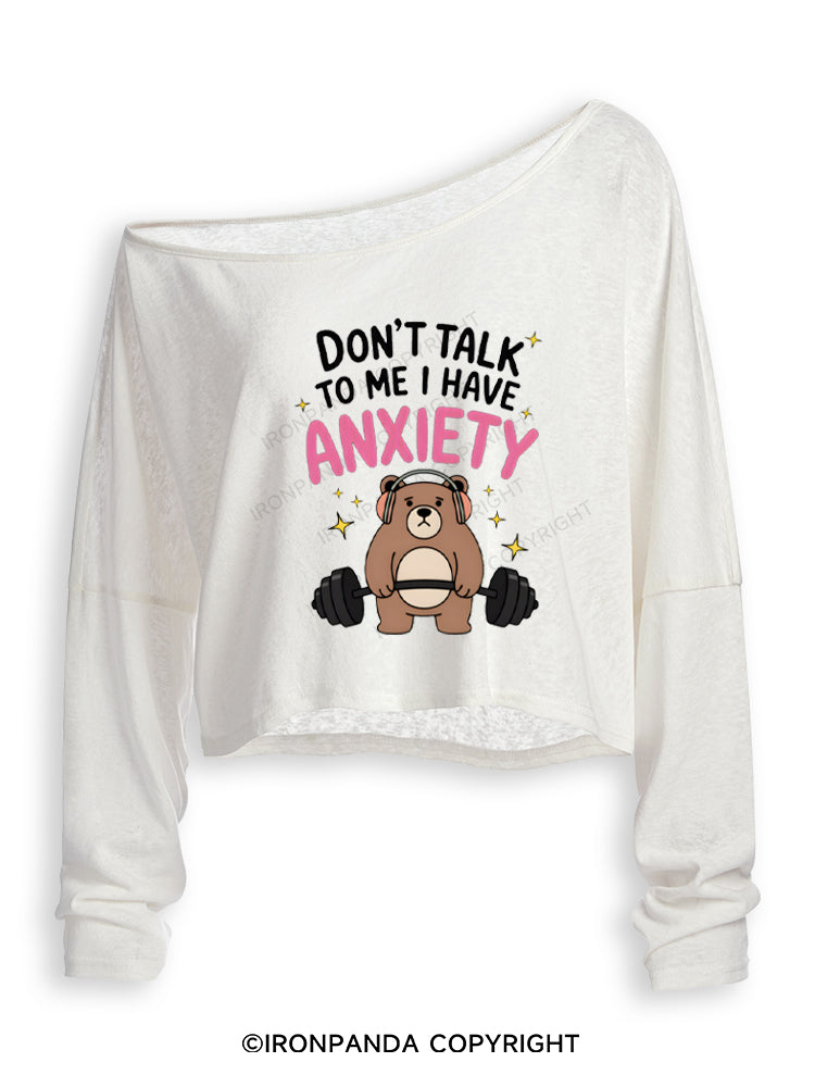 Bear Lifting Weights Anxiety Off Shoulder Long Sleeve Crop Top
