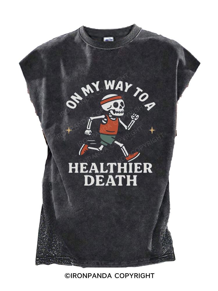 On My Way to a Healthier Death Skeleton Running Cut Off Tank