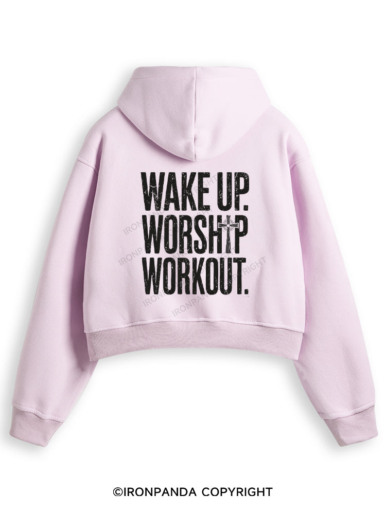 WAKE UP WORSHIP WORKOUT JESUS Fleece Crop Zip Up Hoodie